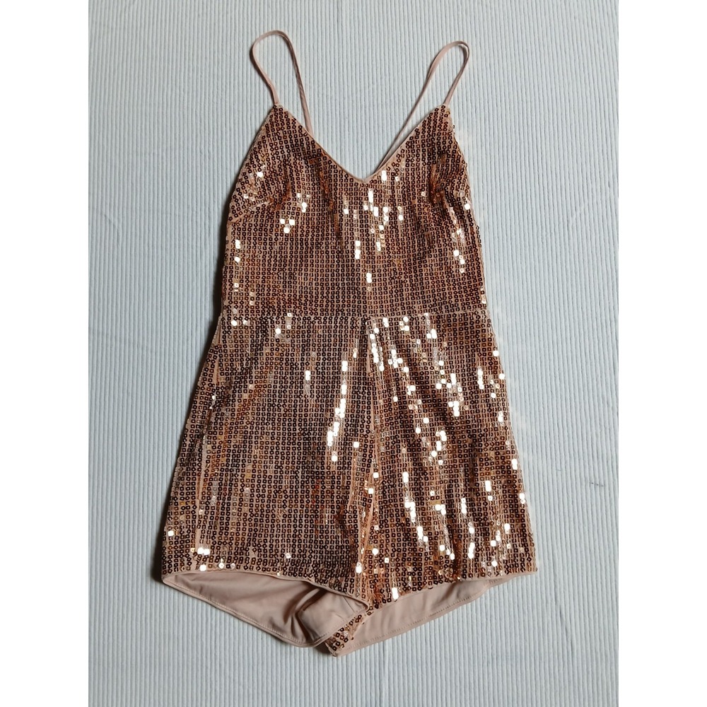 Forever 21 Rose Gold Sequin Romper Small V-Neck Cross Back Party Cocktail